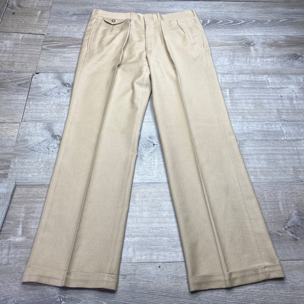 Vintage Corbin Mens 34x31 Khaki Pleated Trousers Pants Union USA Ivy Trad Cuffed